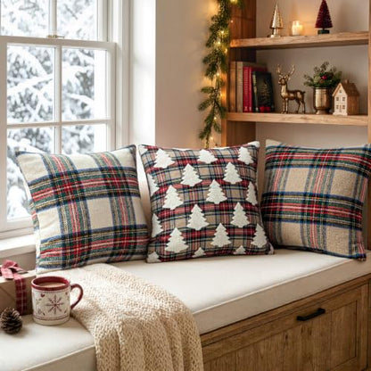 Christmas Khaki Scottish Check Pillow Covers 18x18 Plush Set of 2 - Holiday Home Decor