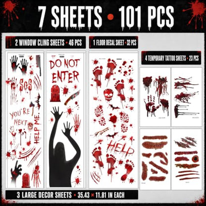 Large Halloween Bloody Window Clings Floor Decals & Temporary Tattoos Set