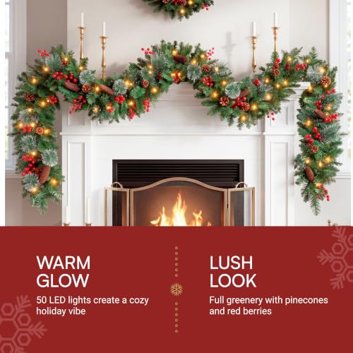 Holly Berries Christmas Garland 9FT Prelit with String Lights for Indoor & Outdoor Decor