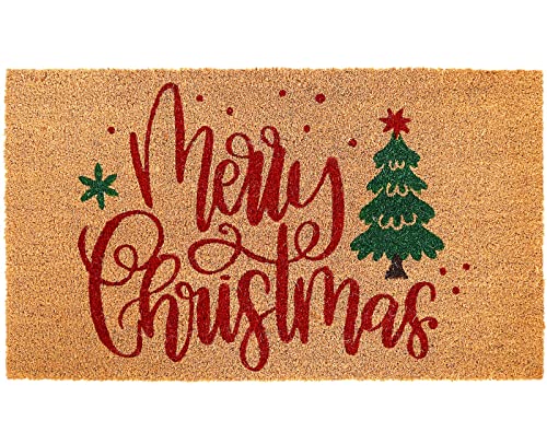 Christmas Door Mat - Natural Coir Xmas Tree & Merry Christmas Print, Non-Slip Indoor Outdoor 17x29 Inch