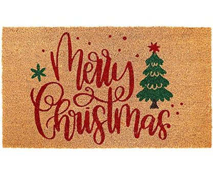 Christmas Door Mat - Natural Coir Xmas Tree & Merry Christmas Print, Non-Slip Indoor Outdoor 17x29 Inch