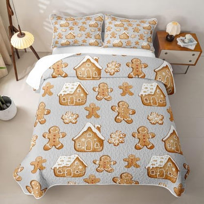 Feelyou Christmas Quilt Set Queen Size Ash Gray & Warm Tan Lightweight Bedspread