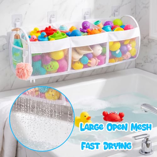 Large Bath Toy Storage Organizer with 3 Compartments and Zipper Access