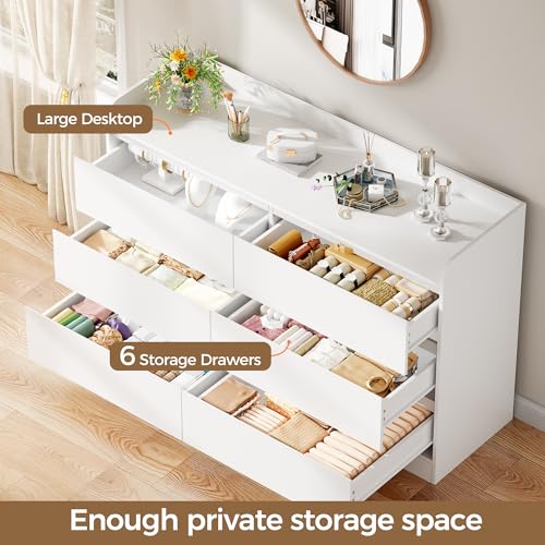 White Dresser with 6 Drawers - Modern 6-Drawer Bedroom Chest | Anti-Tip, MDF