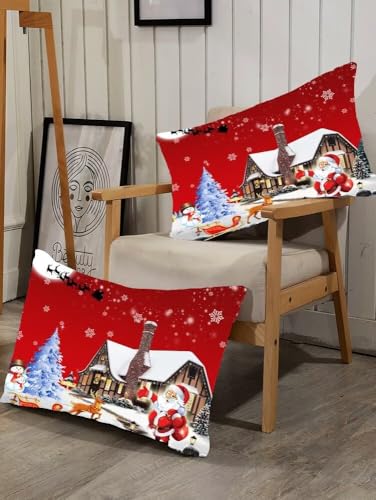 Merry Christmas Fitted Sheet Set Santa Deer Tree Snowman Queen Red & White