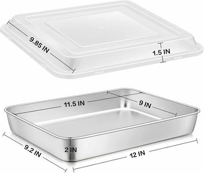 E-far Stainless Steel Baking Pan - 12⅓ x 9¾ x 2 Inch Rectangle Bakeware with Lid | Non-Toxic, Heavy Duty & Dishwasher Safe