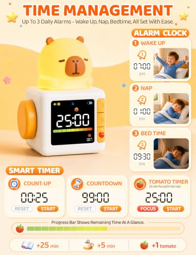 WANIDEA Capybara Kids Alarm Clock with Night Light & Sleep Timer - Cute Bedroom Decor