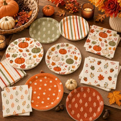 Fall Party Plates and Napkins Set - Pumpkin Leaf Designs for Autumn Harvest Thanksgiving