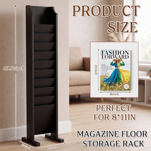 Solid Wood Magazine Rack Floor Stand Black 11x12x49 Inches - Sintuff