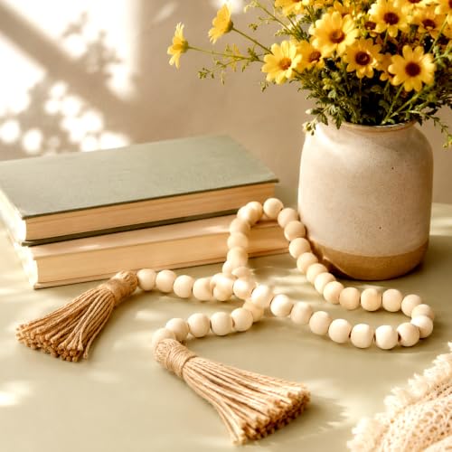 Wood Bead Garland with Tassels - 34 Inch Farmhouse Rustic Home Decor