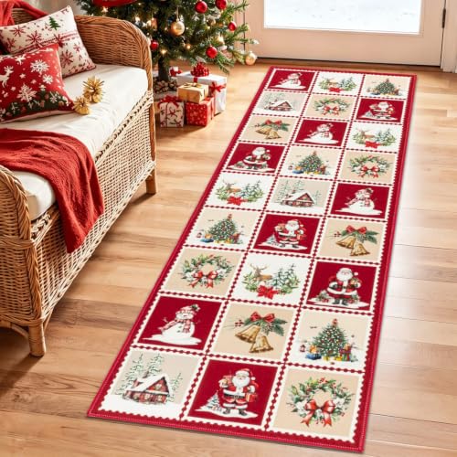 Christmas Red Non Slip Washable Runner Rug 2x6 ft - Holiday Home Decor
