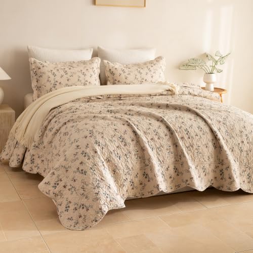 Floral Queen Quilt Set - 100% Cotton, Ditsy Vintage Bedspread, 3 Pieces - Queen (90x98) - Neutral Base
