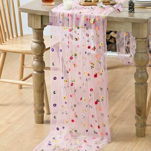 Pink Embroidery Daisy Gauze Table Runner 59x120 Inch - Artoid Mode