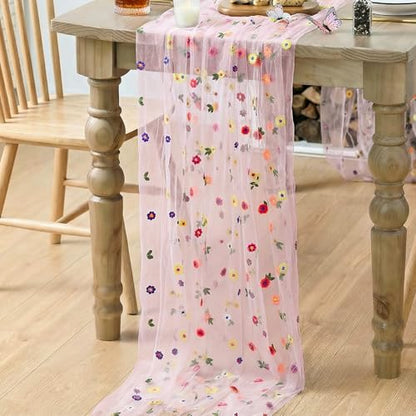 Pink Embroidery Daisy Gauze Table Runner 59x120 Inch - Artoid Mode