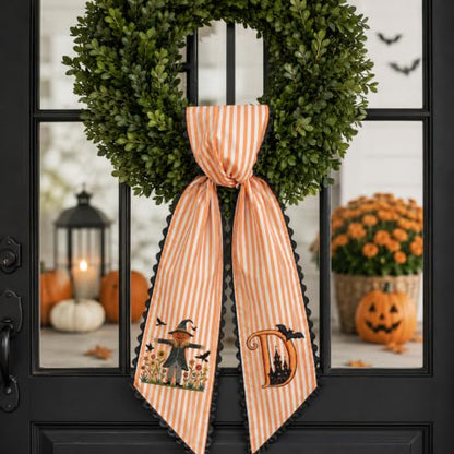 Halloween 07 Fall Wreath Sash with Monogram and Harvest Decor - Autumn Door Accessory