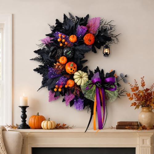 Halloween Wreath for Front Door Crescent Moon Pumpkins Lantern Spooky Decor