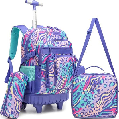 Kids Rolling Backpack Set with Lunch Bag - Blue Purple Leopard, School & Travel Bag for Girls Ages 6-12