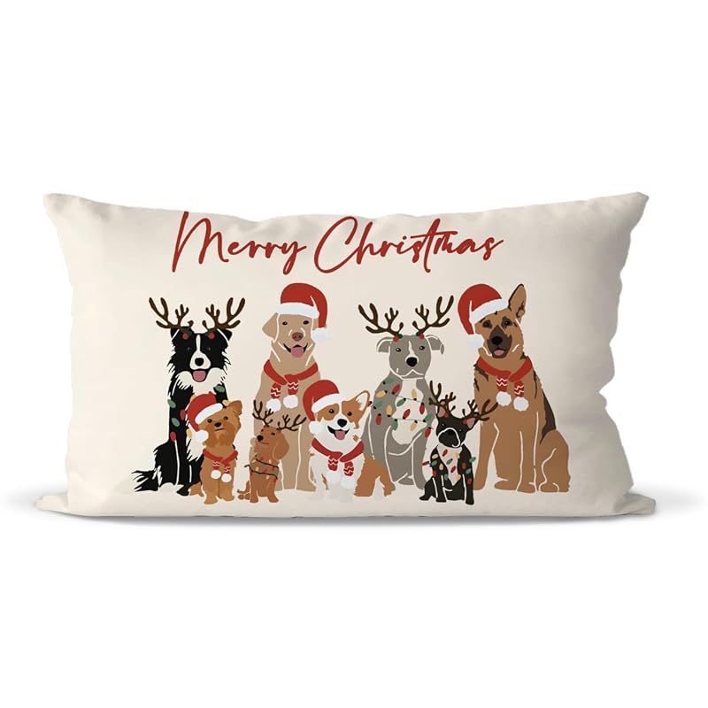 Merry Christmas Dog Throw Pillow Cover 12x20 – Variation: Dogs | Home Decor