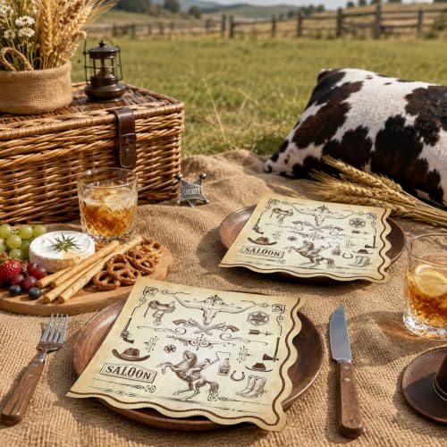 Western Cowboy Cocktail Paper Napkins with Scalloped Edges - 50 Pack