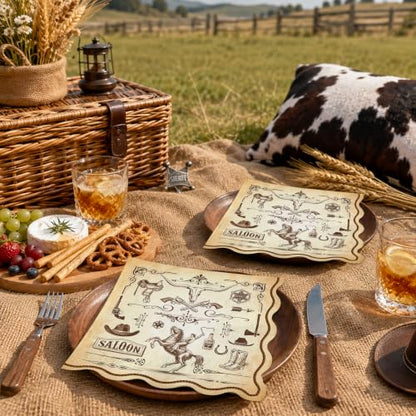 Western Cowboy Cocktail Paper Napkins with Scalloped Edges - 50 Pack