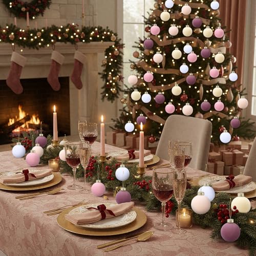 Velvet Christmas Balls 30 Pcs Flocked Holiday Ornaments - Pink Purple Variation