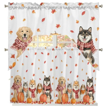 Autumn Fall Dogs Cats Kitchen Window Curtains Set 24 Inch Length - Orange Red White, 3 Piece Swag Valance and Tiers, Maple Leaves Thanksgiving Decor
