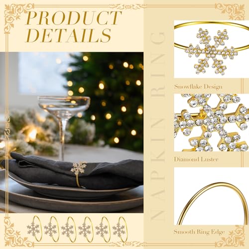Christmas Snowflake Napkin Rings Set - Gold 12 Pcs Rhinestone Holiday Decor