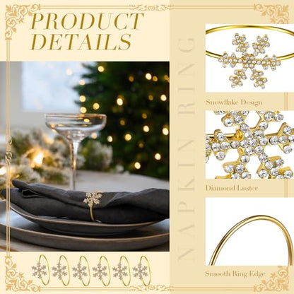 Christmas Snowflake Napkin Rings Set - Gold 12 Pcs Rhinestone Holiday Decor