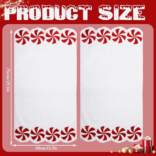 White Christmas Hand Towels Set of 2 - Embroidered Peppermint Candy, Scalloped Edges, 29.5 x 15.7 Inches