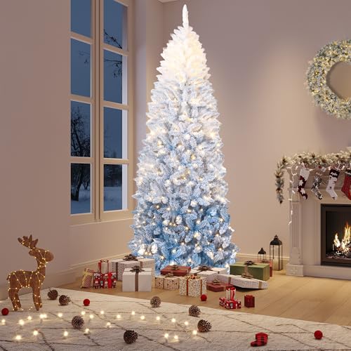 6 Ft Prelit Artificial Christmas Tree with RGB & Warm White Lights - Snow Flocked, Blue Gradient - Foldable Base