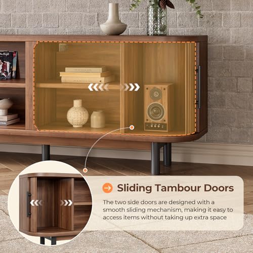 Walnut 70-Inch TV Stand for Up to 75-Inch TVs with Sliding Doors & Cable Management