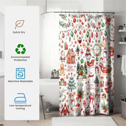 Christmas Shower Curtain Set with Hooks - 72 x 84 Inch Water-Resistant Polyester
