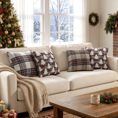 Christmas Khaki Scottish Check Pillow Covers 18x18 Plush Set of 2 - Holiday Home Decor