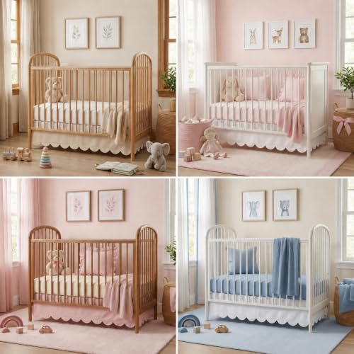 28x52 Inch Oatmeal Beige Crib Skirt with 14-Inch Drop and Scalloped Edges – Nursery Bed Skirt for Standard Cribs (Variation: Oatmeal / 28×52 in / 14 Inches)