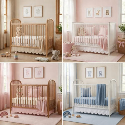 28x52 Inch Oatmeal Beige Crib Skirt with 14-Inch Drop and Scalloped Edges – Nursery Bed Skirt for Standard Cribs (Variation: Oatmeal / 28×52 in / 14 Inches)