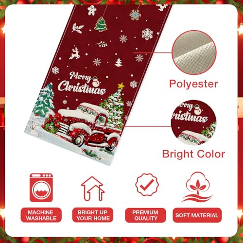 Red Truck Xmas Tree Snowflake Christmas Table Runner 13x72 Inch - Holiday Kitchen Decor - Red Truck1
