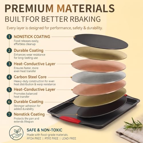 4-Piece Nonstick Carbon Steel Baking Sheet Set with Silicone Handles and Bonus Spatula