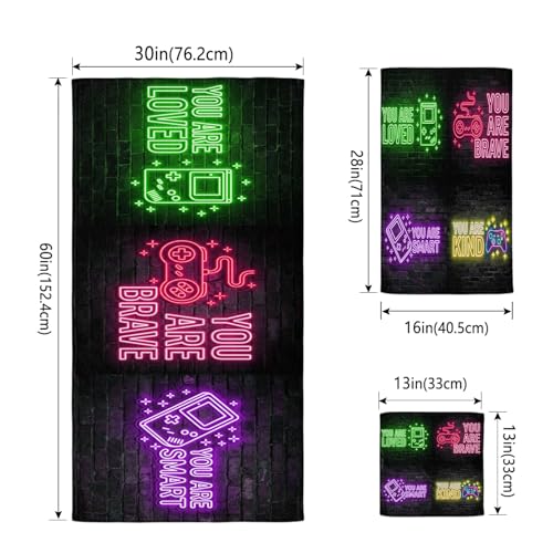Green Pink Video Game Bath Towels Set of 3 - Soft Absorbent Quick Dry Gaming Icons