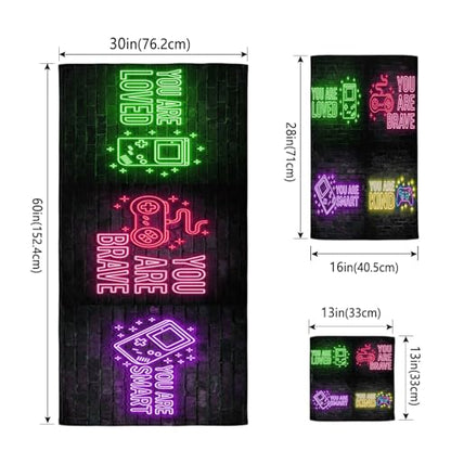 Green Pink Video Game Bath Towels Set of 3 - Soft Absorbent Quick Dry Gaming Icons