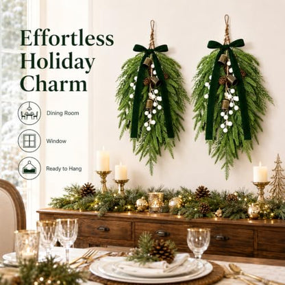 Green 2 Pack Christmas Pine Needle Berries Teardrop Door Swag Wreath Decor
