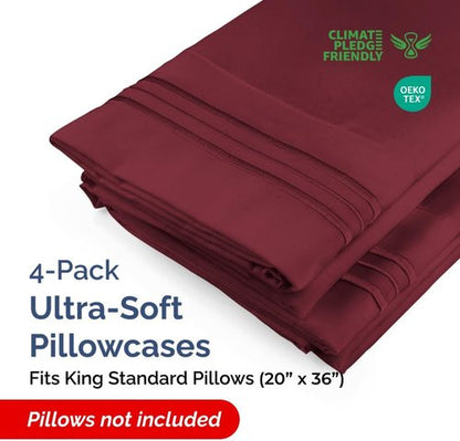 King Standard Pillow Cases | Set of 4 Soft Hotel Quality Covers - Comfy & Machine Washable - Burgundy