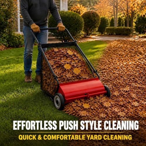 Red Push Lawn Sweeper 26-Inch with 7 Cu.Ft. Hopper, 4-Brush Power, Adjustable Height
