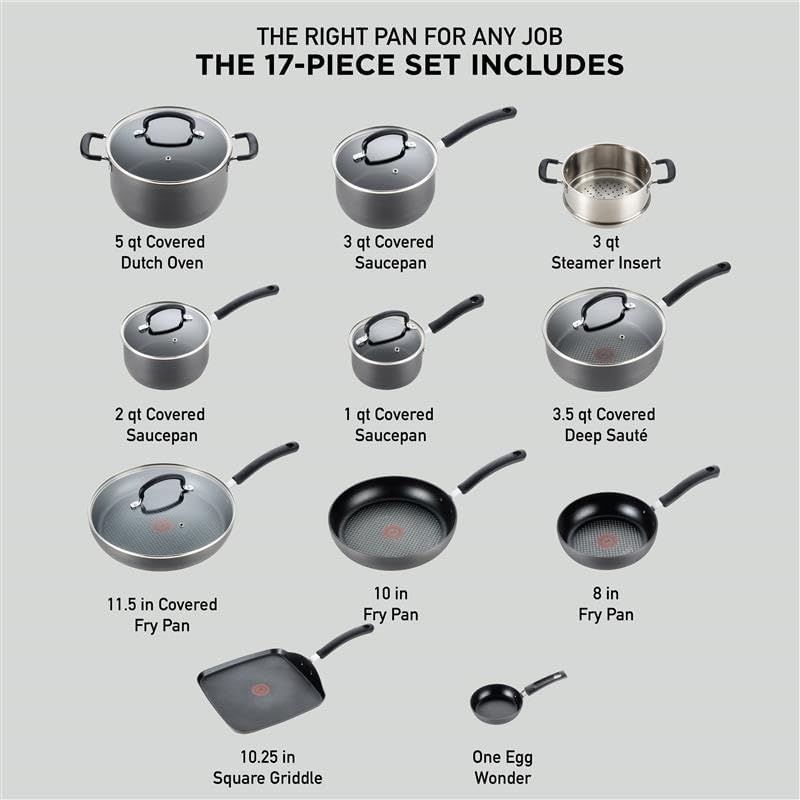 T-Fal Ultimate Nonstick Cookware Set - 17-Piece Hard Anodized Pots & Pans | Dishwasher Safe, Onyx Finish