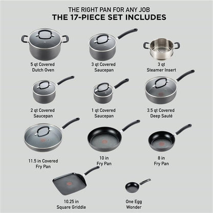 T-Fal Ultimate Nonstick Cookware Set - 17-Piece Hard Anodized Pots & Pans | Dishwasher Safe, Onyx Finish