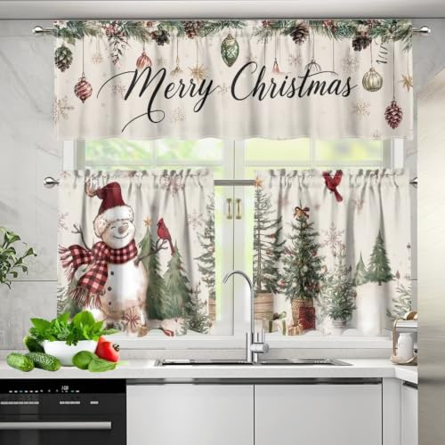 Christmas Snowman Kitchen Curtain Set with Valance and Panels - Variation of Xmas Snowman Cardinal / 27.5"W x 24"L