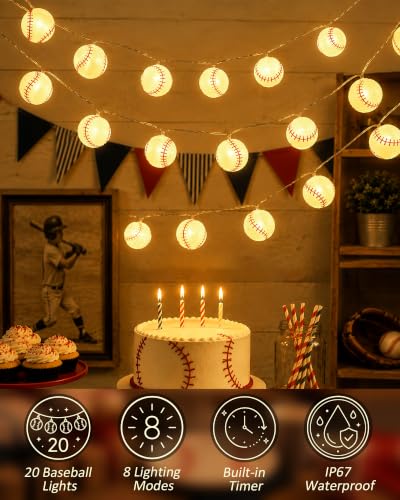 Baseball String Lights - Battery Operated 20 LED Bulbs for Room Decor, Party, Outdoor