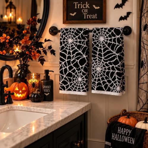 Halloween Spider Web Hand Towels Set of 2 - Black and White Decorative Towels