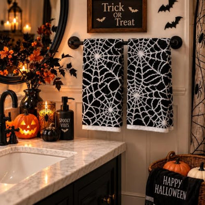 Halloween Spider Web Hand Towels Set of 2 - Black and White Decorative Towels