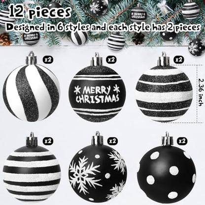 Black and White Christmas Ornaments Set - 12 Shatterproof Holiday Ball Decorations