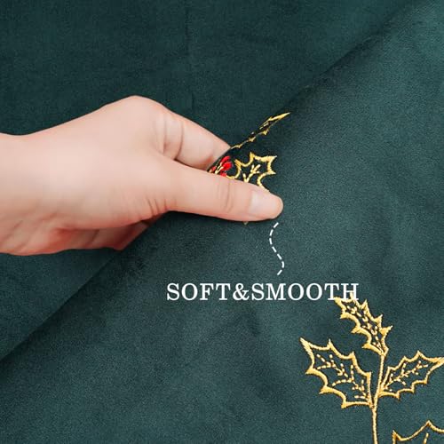 Dark Green Velvet Christmas Tree Skirt 48 Inch with Holly Embroidery - Holiday Decor